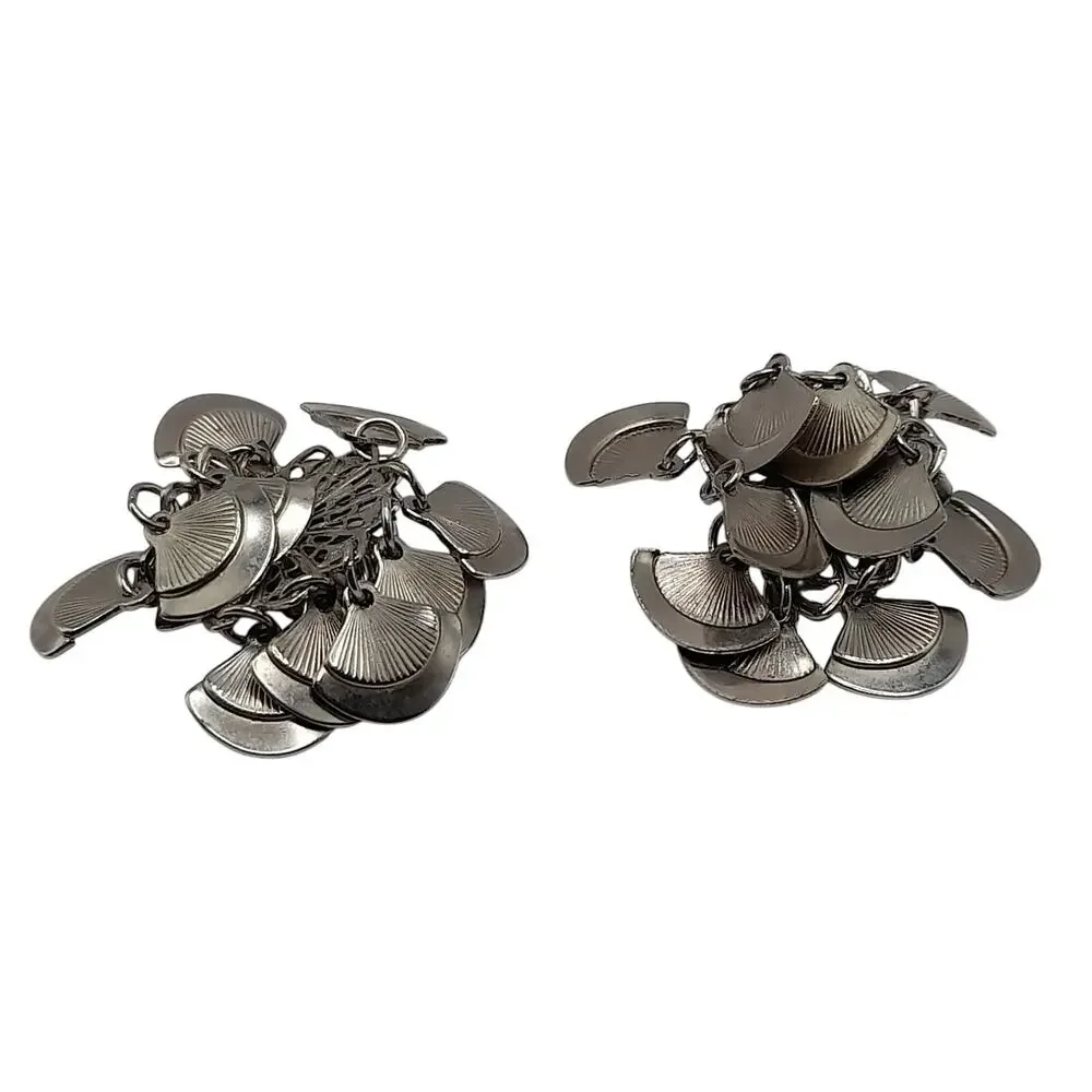 Vintage 1960s Fan Shaped Dangling Clip Earrings, Silver Tone Filigree, 1 1/4 In.